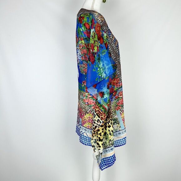 ASA Kaftan Printed Caftan Cover-Up Jeweled Beaded Tassels Floral Short Small - Picture 2 of 9